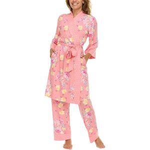 Flora Nikrooz 3-Piece Pajama Set Size M Cor al Pink Floral Knit Robe Tank Pants